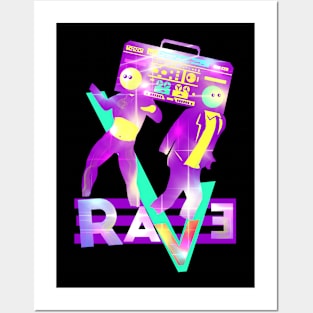 Rave. Dancing people in bright colors from the 90s. Posters and Art